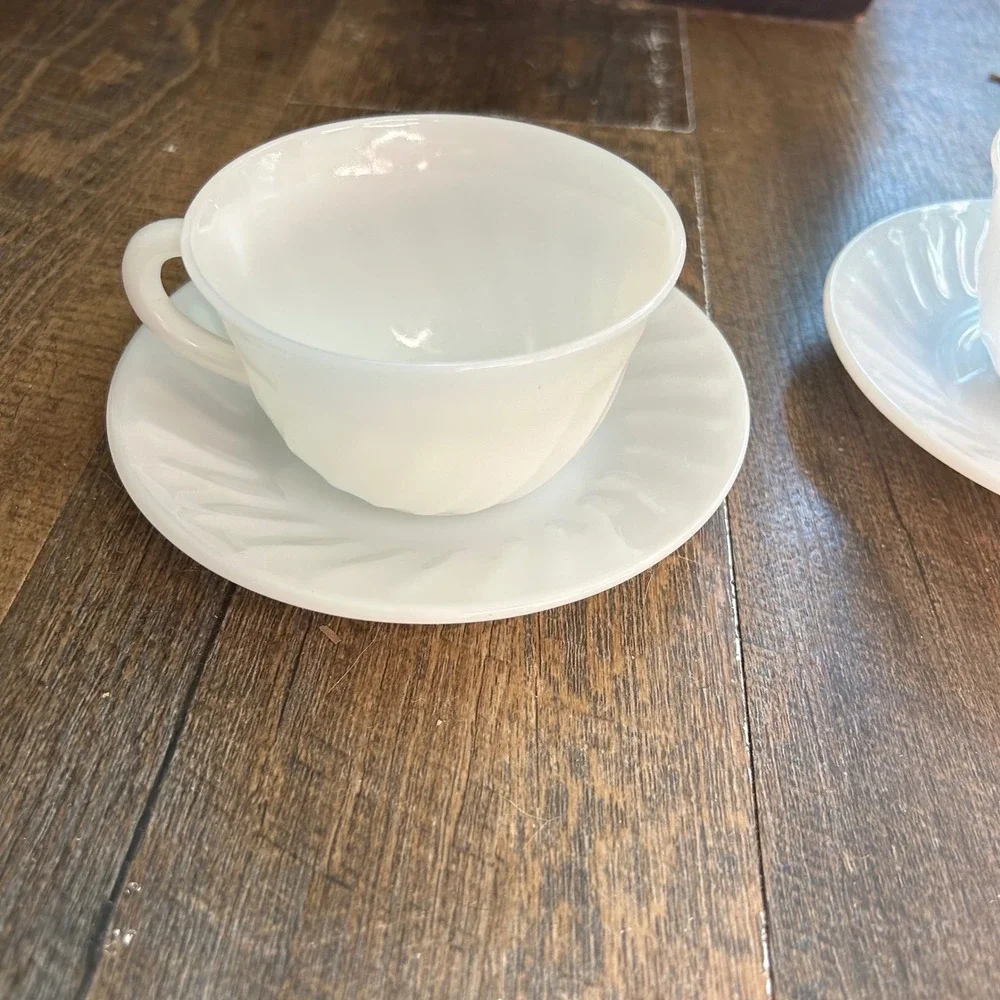 Vintage Fire-King White Swirl Milk Glass Teacup and Saucer Set of 2 MCM USA